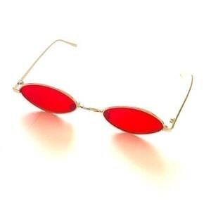 Womens Skinny Oval Sunglasses Red/Gold Narrow Metal Frame Retro